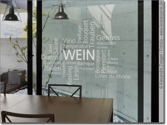 Glastattoo Wein - Wortwolke Wein als Fensteraufkleber