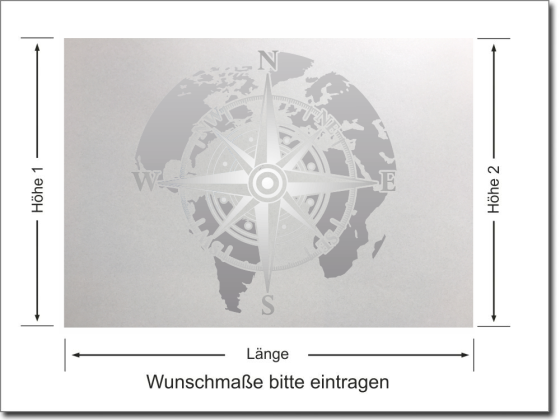 Preview: Bedruckte Milchglasfolie mit Windrose und Weltkugel Preview: Bedruckte Milchglasfolie mit Windrose und Weltkugel