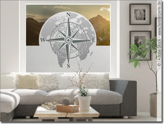 Bedruckte Milchglasfolie mit Kompass und Weltkugel