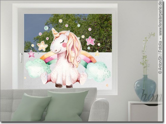 Preview: Fensterfolie Einhorn - Beispiel bei teilweisem Sichtschutz
