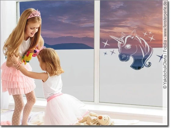Milchglasfolie mit Einhorn als Sichtschutz für das Kinderzimmer