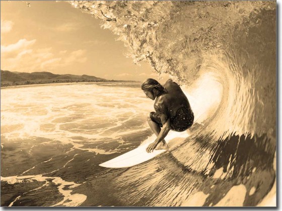 Preview: Fotofolie Glasbild Surfen farbig sepia