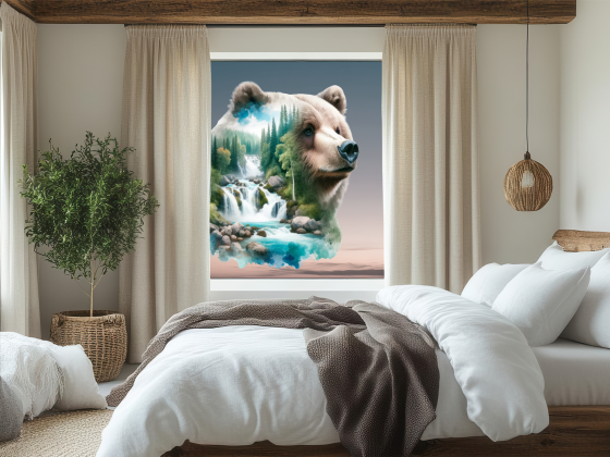 Preview: Glasaufkleber Bär mit Wald und Wasserfällen