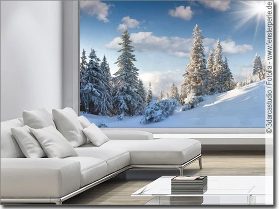 Glasbild mit verschneiter Winterlandschaft