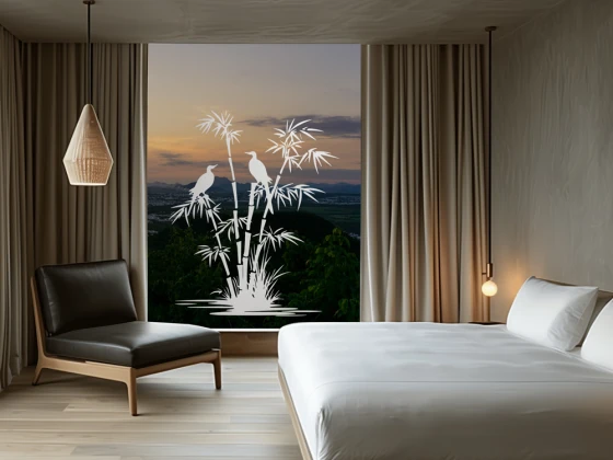 Glastattoo Bambusstrauch und Vögel am Ufer