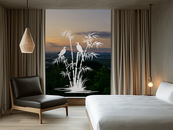 Preview: Glastattoo Bambusstrauch und Vögel am Ufer