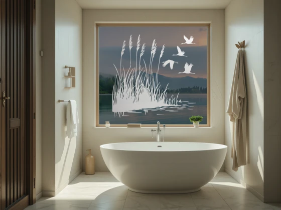 Glastattoo Schilfgräser und Störche