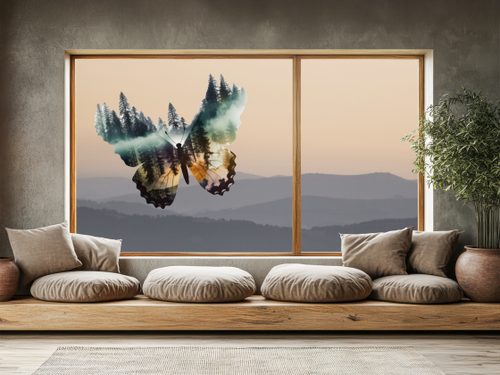 Preview: Glastattoo Umriss Schmetterling mit Waldmotiv