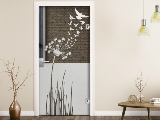 Preview: Glastür Sichtschutzfolie Pusteblume mit Vogelschwarm