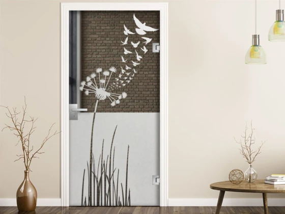 Glastür Sichtschutzfolie Pusteblume mit Vogelschwarm