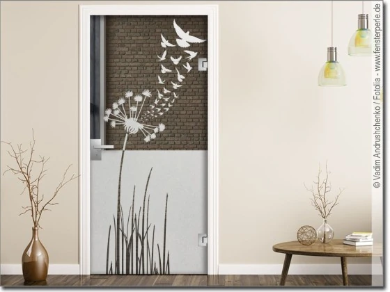 Glastür Sichtschutzfolie Pusteblume mit Vogelschwarm