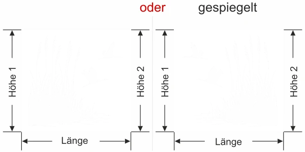 Sichtschutzfolie Schilfgräser und Störche Ansicht Ausrichtung mit Farbauswahl und Anleitung zur Größenberechnung - Vorschlag 2