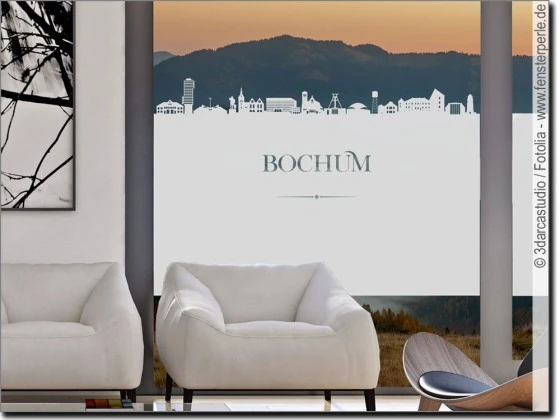 Maßgefertigte Fensterfolie mit Skyline von Bochum als Sichtschutz