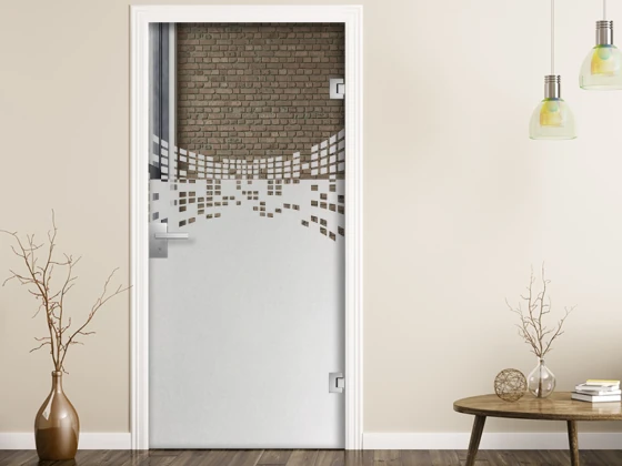 Selbstklebende Sichtschutzfolie mit dem Design verformter Quadrate auf Zimmertür