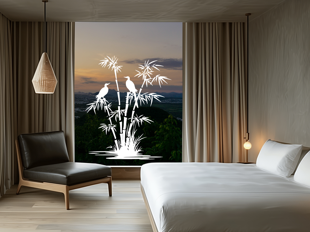 Glastattoo Bambusstrauch und Vögel am Ufer - Ansicht Farbauswahl