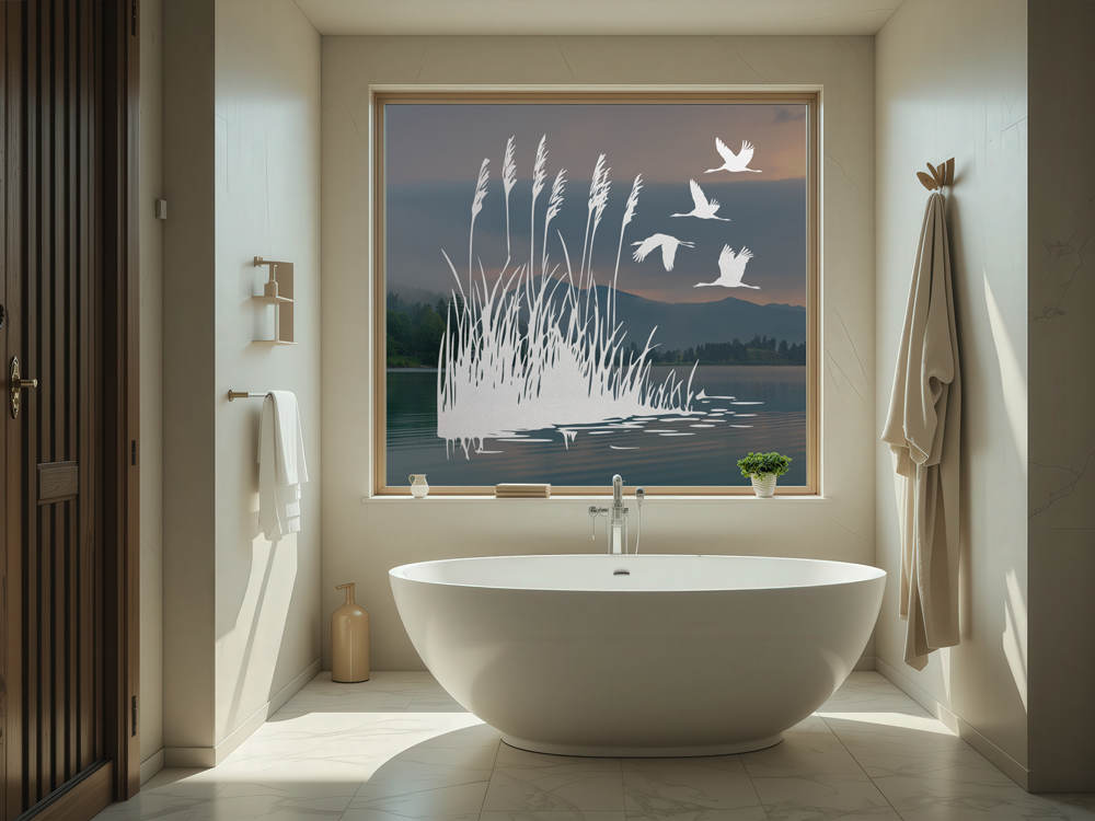 Glastattoo Schilfgräser und Störche