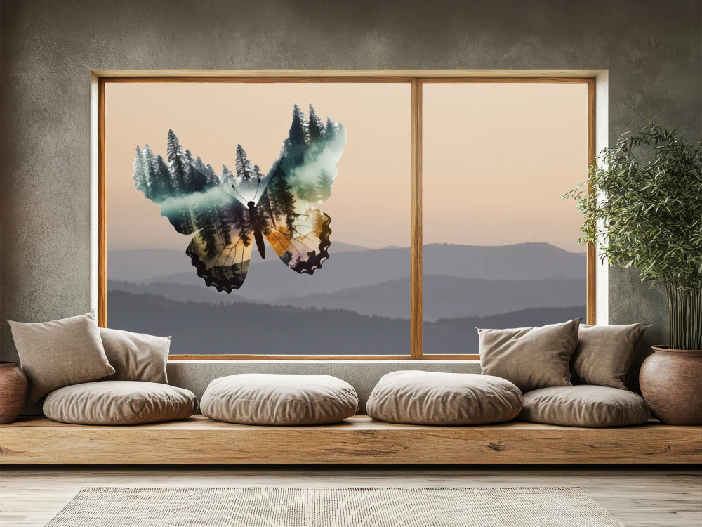 Glastattoo Schmetterling Umriss mit Waldmotiv