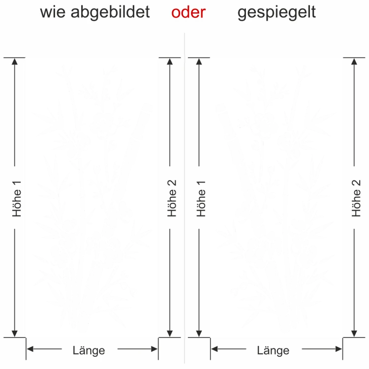 Glastür Sichtschutzfolie Bambuszweige - Ansicht Ausrichtung mit Farbauswahl und Anleitung zur Größenberechnung - Vorschlag 2