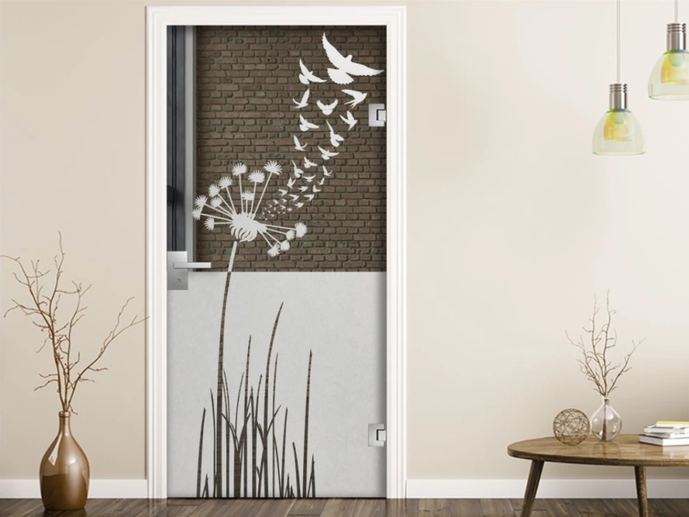Glastür Sichtschutzfolie Pusteblume mit Vogelschwarm