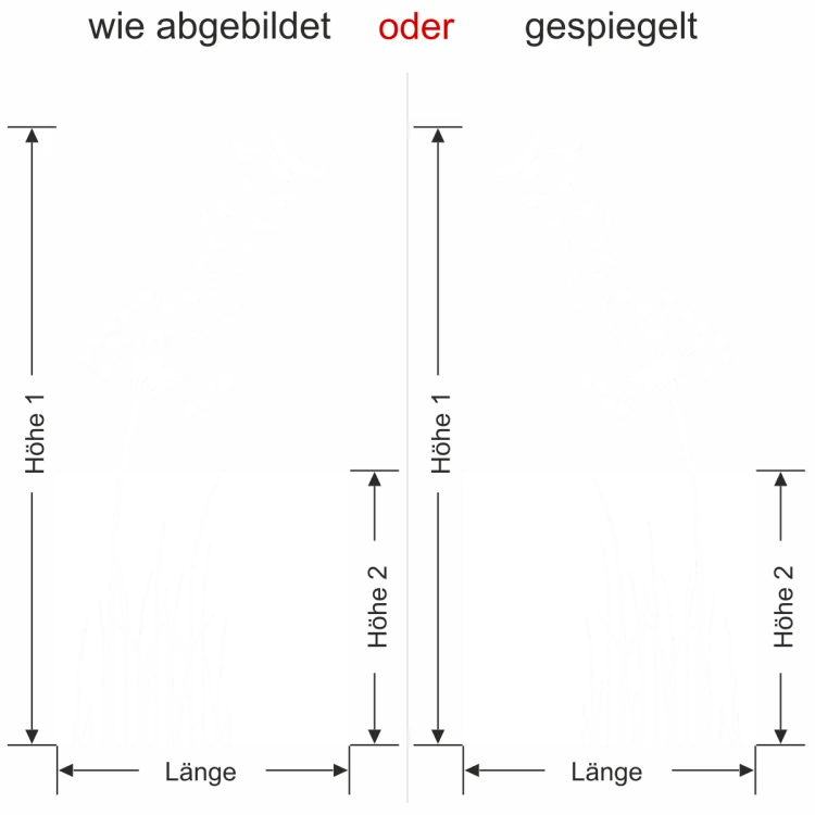 Glastür Sichtschutzfolie Pusteblume mit Vogelschwarm - Ansicht Ausrichtung und Farbauswahl
