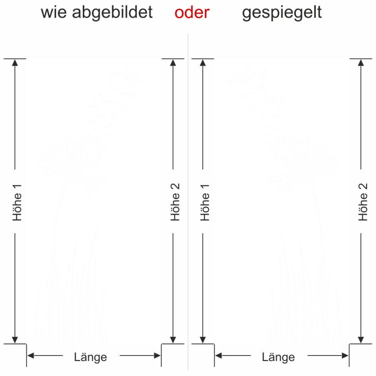 Glastür Sichtschutzfolie Pusteblume mit Vogelschwarm - Ansicht Ausrichtung und Farbauswahl