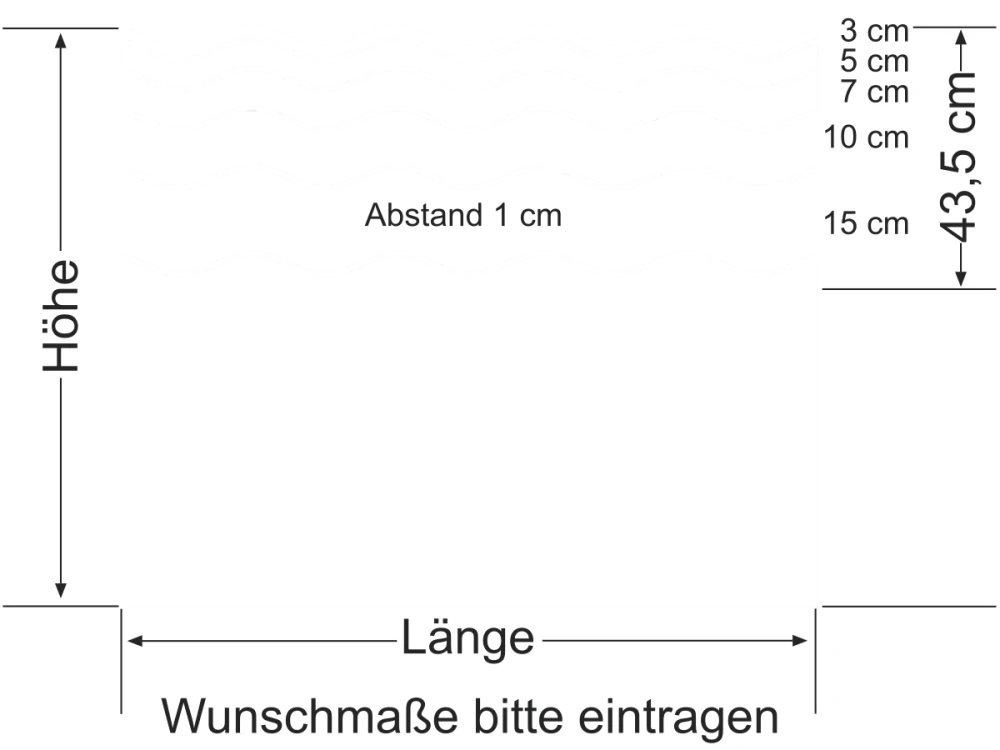 Milchglasfolie Wellen Verlauf 43,5/1 - Ansicht Farbauswahl und Anleitung zur Größenberechnung