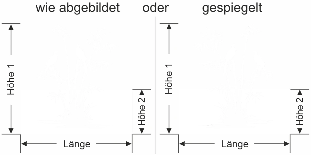 Sichtschutzfolie Bambusstrauch und Vögel am Ufer - Ansicht Ausrichtung mit Farbauswahl und Anleitung zur Größenberechnung - Vorschlag 1