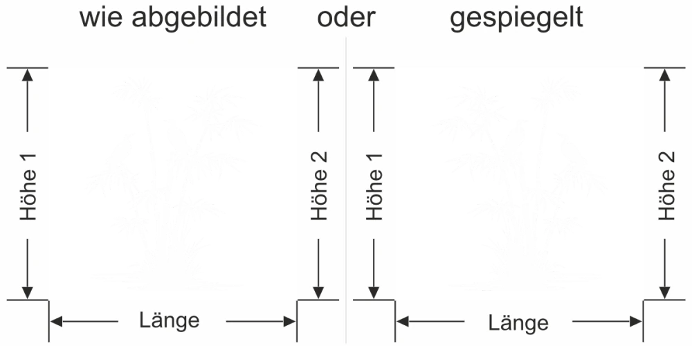 Sichtschutzfolie Bambusstrauch und Vögel am Ufer - Ansicht Ausrichtung mit Farbauswahl und Anleitung zur Größenberechnung - Vorschlag 2