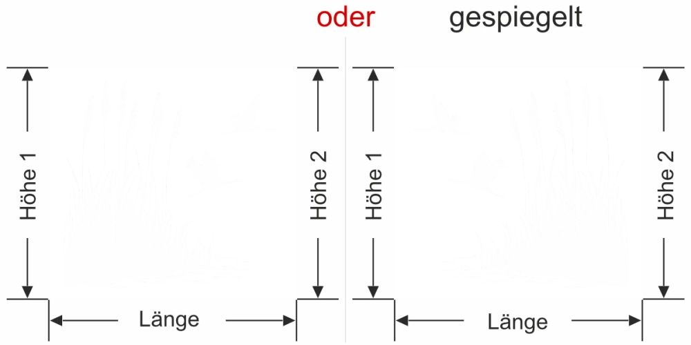 Sichtschutzfolie Schilfgräser und Störche Ansicht Ausrichtung mit Farbauswahl und Anleitung zur Größenberechnung - Vorschlag 2