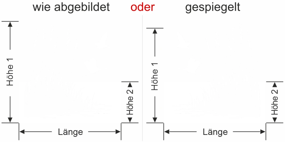 Sichtschutzfolie Schilfgräser und Störche - Ansicht Ausrichtung mit Farbauswahl und Anleitung zur Größenberechnung - Vorschlag 1