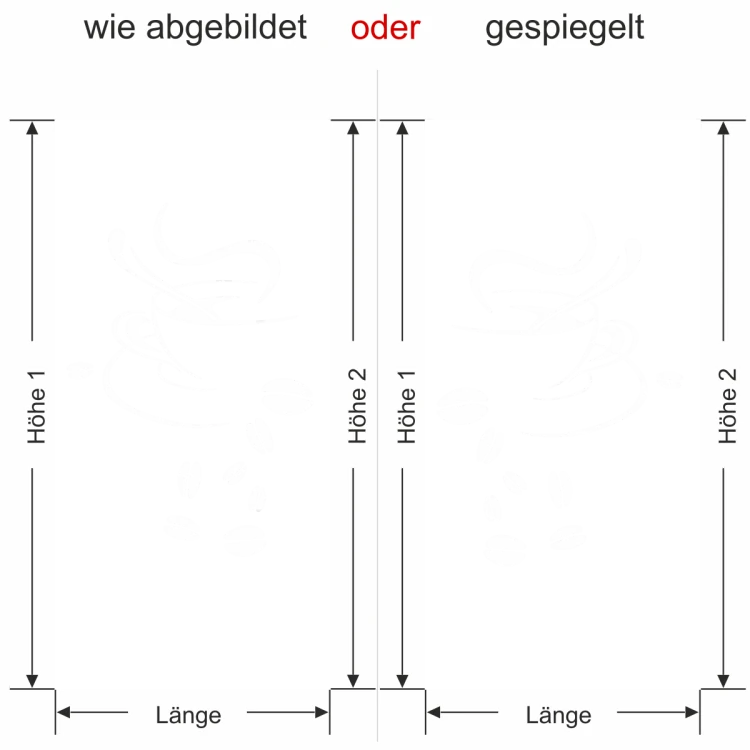 Sichtschutzfolie Tasse mit Kaffeebohnen - Ansicht Ausrichtung mit Farbauswahl und Anleitung zur Größenberechnung - Vorschlag 1