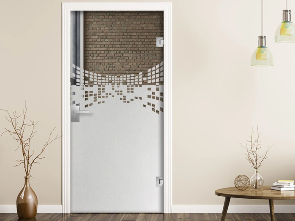 Selbstklebende Sichtschutzfolie mit dem Design verformter Quadrate auf Zimmertür
