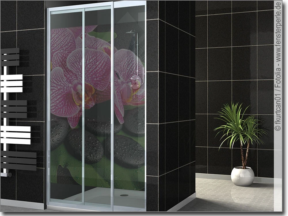Hinterglasbild mit Orchidee und schwarzen Steinen