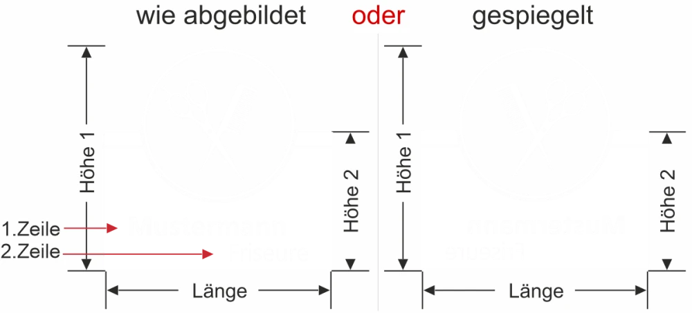 Fensterfolie in satinierter Optik für Friseure mit eigenem Text - Ansicht Ausrichtung mit Farbauswahl