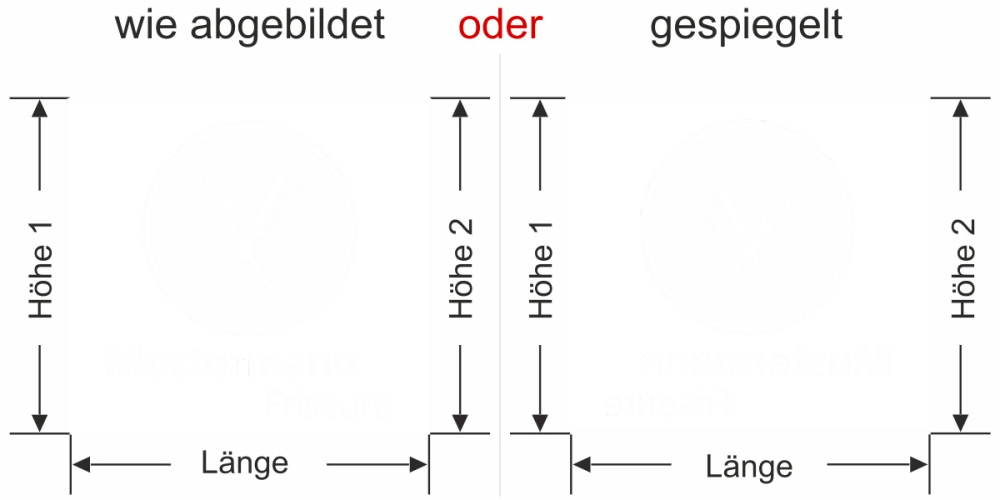 Fensterfolie in satinierter Optik für Friseure mit eigenem Text - Ansicht Ausrichtung mit Farbauswahl