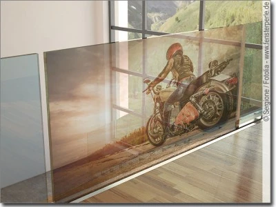 Transparente Fotofolie Glasprint Motorrad - Glasdruck mit Motorradfahrer