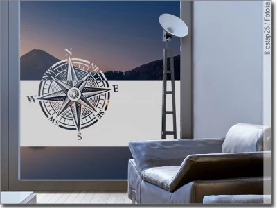 Milchglasfolie mit dem Motiv Kompass als Sichtschutz