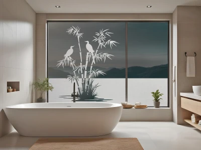 Sichtschutzfolie Bambusstrauch und Vögel am Ufer