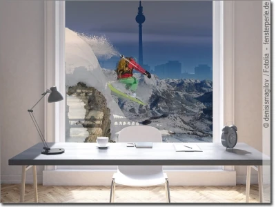 Transparente Fensterfolie mit Foto Skifahren